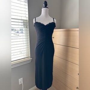 Laundry By Shelli Segal Black Slip Midi Dress with Lace Trim